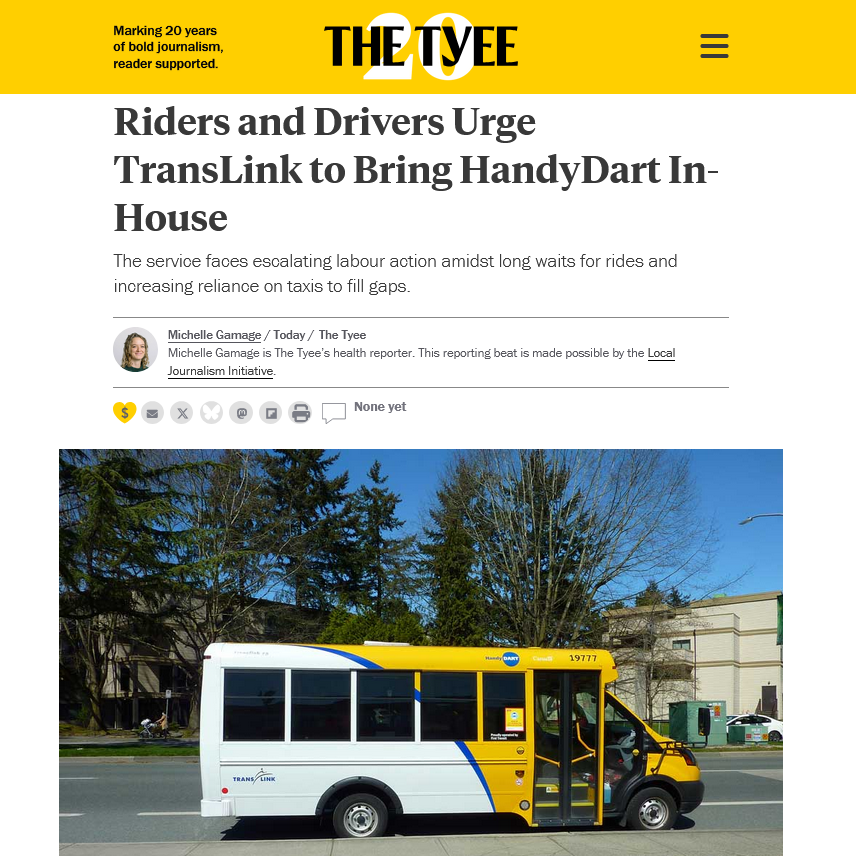 Image of Tyee article titled Riders and Drivers Urge TransLink to Bring HandyDART In-House