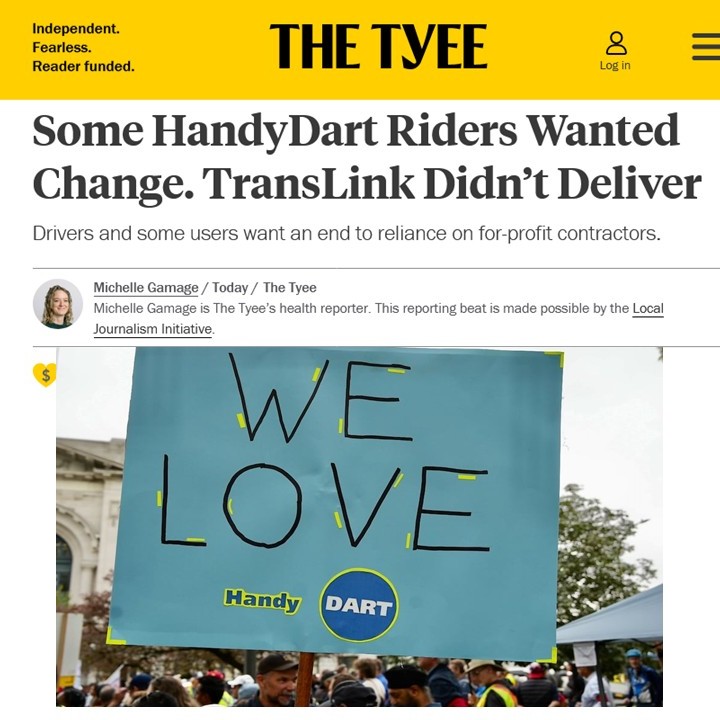 Tyee on line article "Some HandyDART Riders Wanted Change: TransLink Didn't Deliver. Image: "We Love HandyDART" Sign at demonstration: