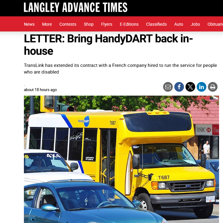 Langley Advance website. Headline "Letter: Bring HandyDART back in-house" Image of a HandyDART in Traffic.